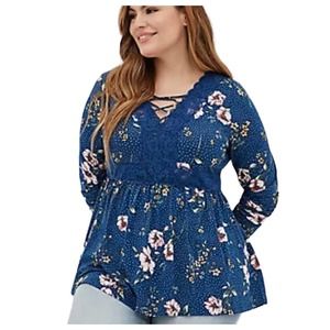 Torrid (1) Blue Polka Dot Lace Up Babydoll Top